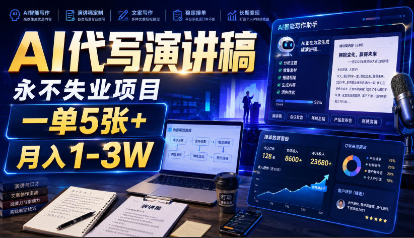 AI代写演讲稿，永不失业项目，一单5张+，月入1-3W【揭秘】-资源后花园