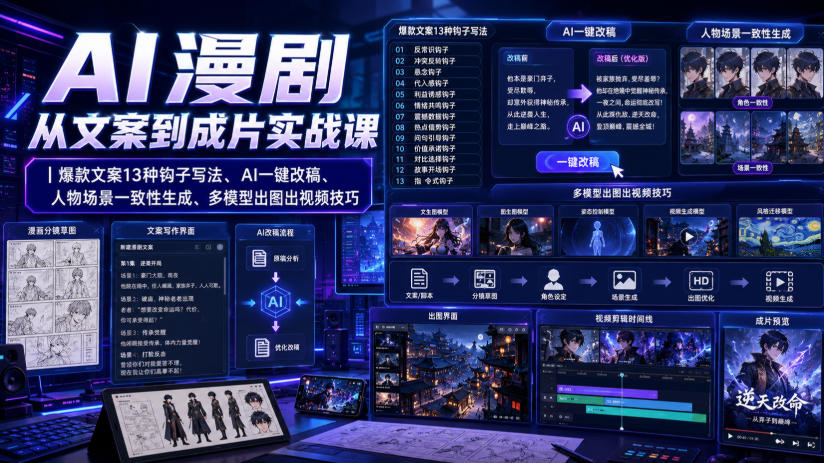 AI漫剧从文案到成片实战课｜爆款文案13种钩子写法、AI一键改稿、人物场景一致性生成、多模型出图出视频技巧-资源后花园