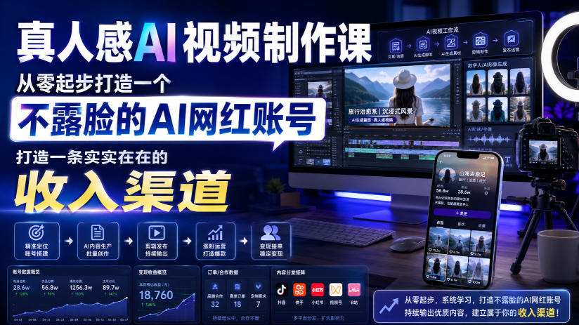 真人感AI视频制作课，从零起步打造一个不露脸的AI网红账号，打造一条实实在在的收入渠道【原创双语字幕】-资源后花园