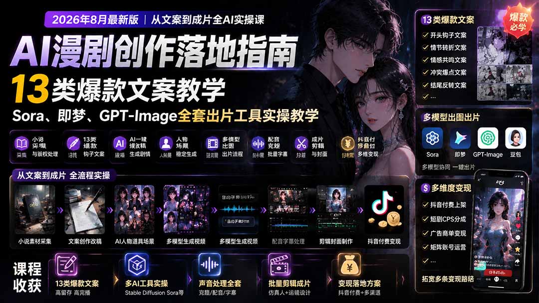 AI漫剧创作落地指南｜13类爆款文案教学，Sora、即梦、GPT-Image全套出片工具实操教学-资源后花园