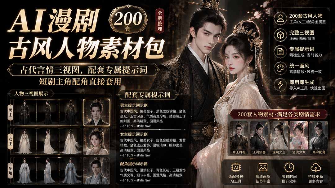 AI漫剧古风人物素材包+提示词｜200 套古代言情三视图，配套专属提示词短剧主角配角直接套用-资源后花园