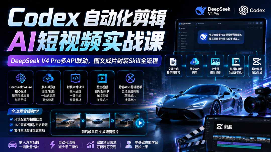Codex自动化剪辑AI短视频实战课｜DeepSeek V4 Pro多API联动，图文成片封装Skill全流程-资源后花园
