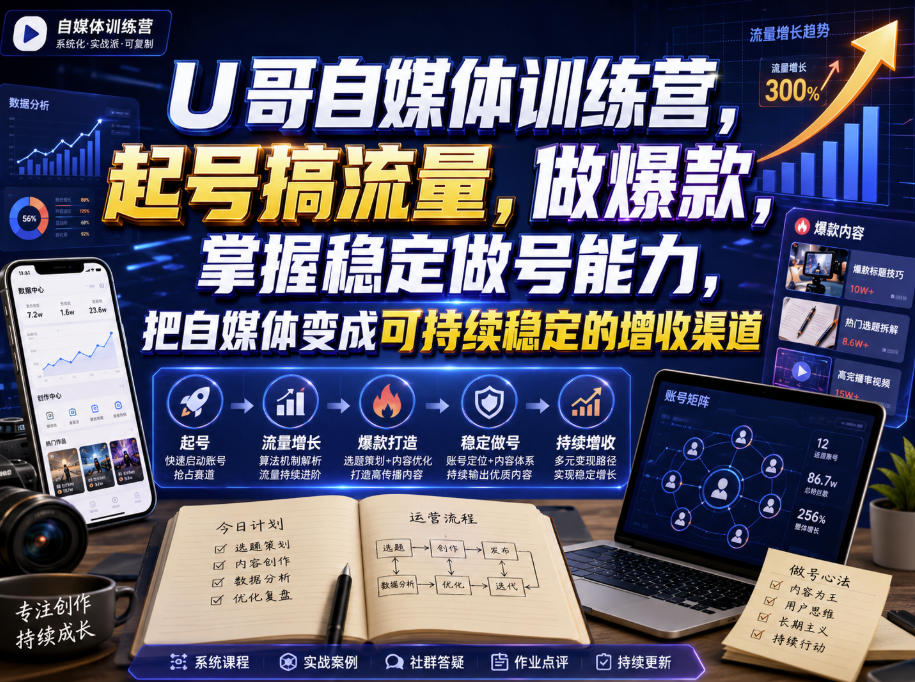 U哥自媒体训练营，起号搞流量，做爆款，掌握稳定做号能力，把自媒体变成可持续稳定的增收渠道-资源后花园