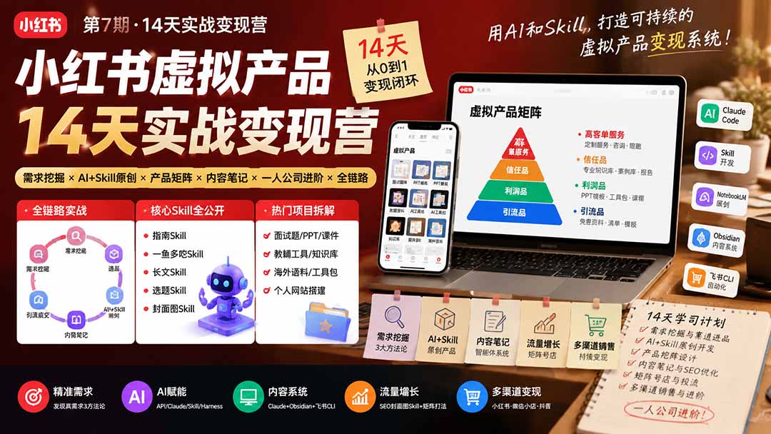 小红书虚拟产品14天实战变现营-第7期：需求挖掘×AI+Skill原创×产品矩阵×内容笔记×一人公司进阶×全链路-资源后花园