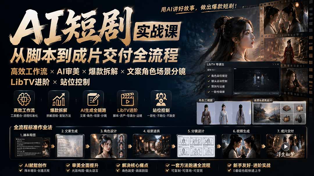 AI短剧实战课：高效工作流×AI审美×爆款拆解×文案角色场景分镜×LibTV进阶×站位控制×从脚本到成片交付全流程-资源后花园