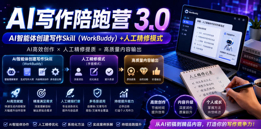AI写作陪跑营3.0，Ai智能体创建写作skill(workbuddy)+人工手写模式(手搓模式)，去除AI痕迹(头条号、公众号、百家号)(更新0806)-资源后花园