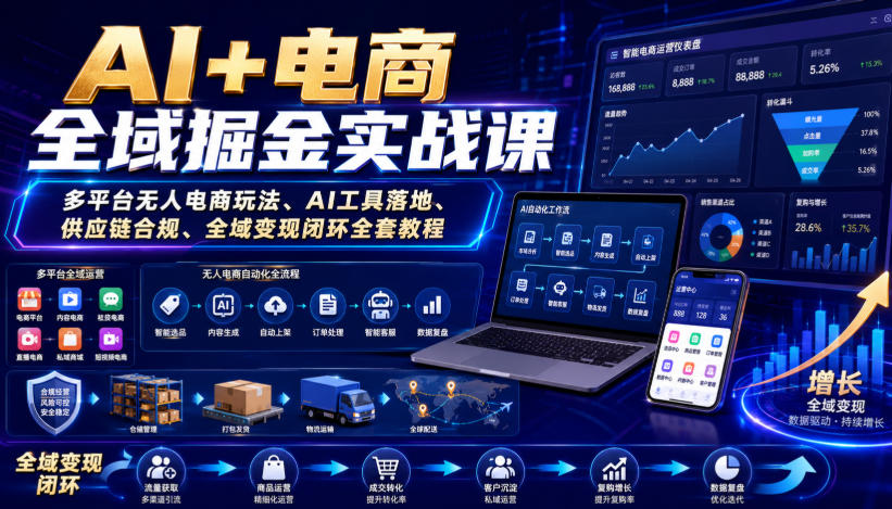 AI+电商全域掘金实战课｜多平台无人电商玩法、AI工具落地、供应链合规、全域变现闭环全套教程-资源后花园