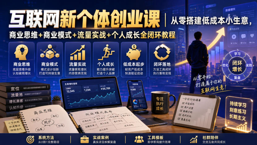 互联网新个体创业课｜从零搭建低成本小生意，商业思维+商业模式+流量实战+个人成长全闭环教程-资源后花园