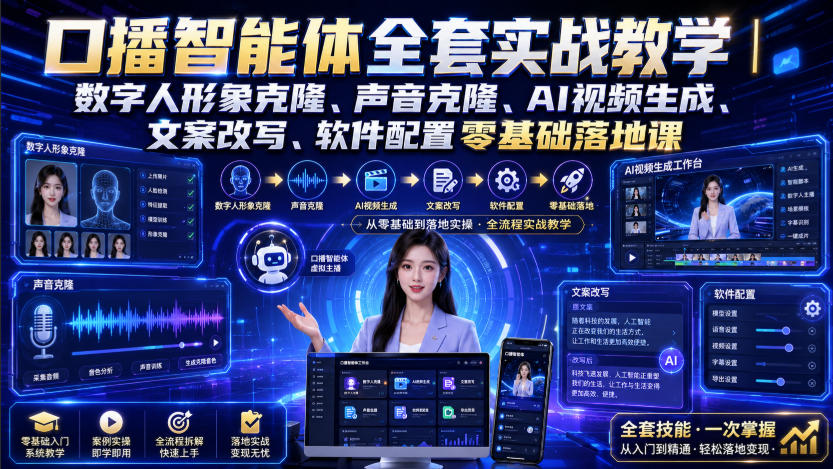 口播智能体全套实战教学｜数字人形象克隆、声音克隆、AI视频生成、文案改写、软件配置零基础落地课-资源后花园