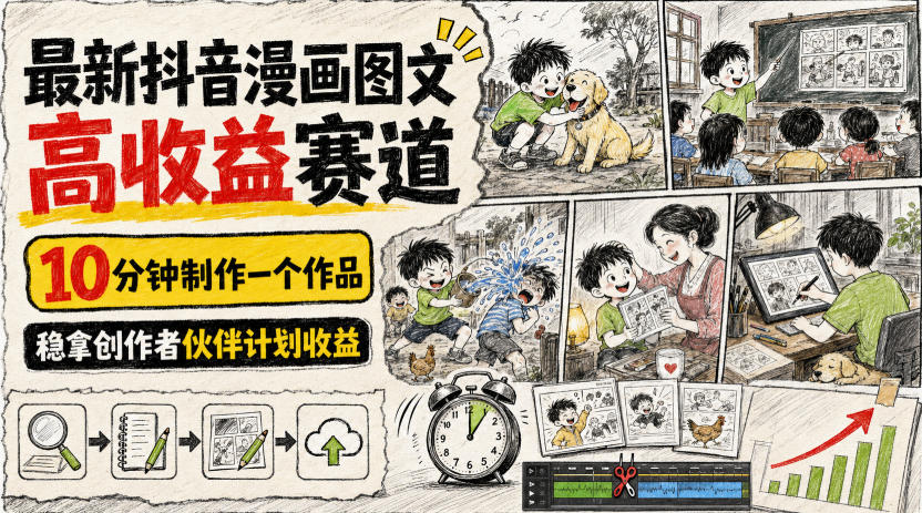 最新抖音漫画图文高收益赛道，10分钟制作一个作品，稳拿创作者伙伴计划收益-资源后花园