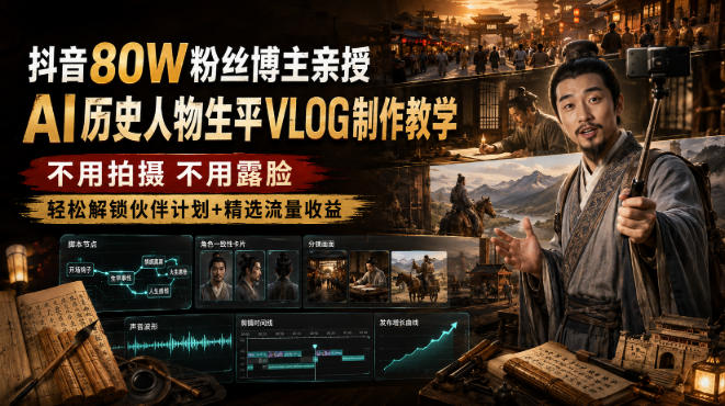抖音80W粉丝博主的AI历史人物生平VLOG教学，不用拍摄不用露脸，AI帮你搞定，轻松解锁伙伴计划+精选收益-资源后花园