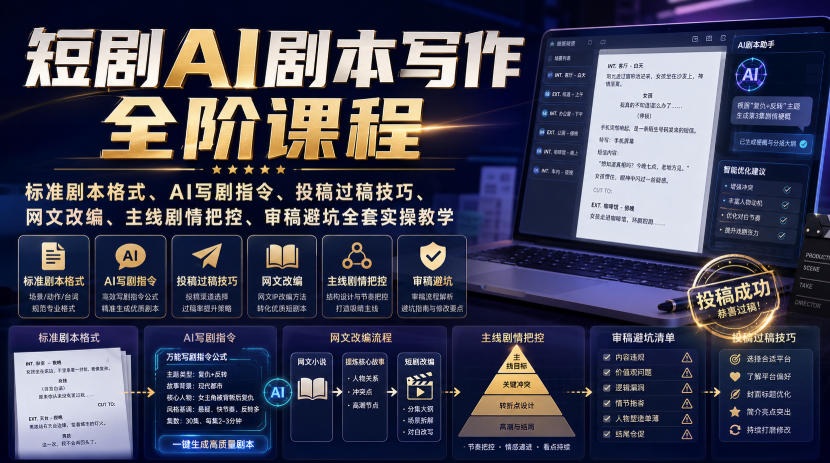 短剧AI剧本写作全阶课程｜标准剧本格式、AI写剧指令、投稿过稿技巧、网文改编、主线剧情把控、审稿避坑全套实操教学-资源后花园