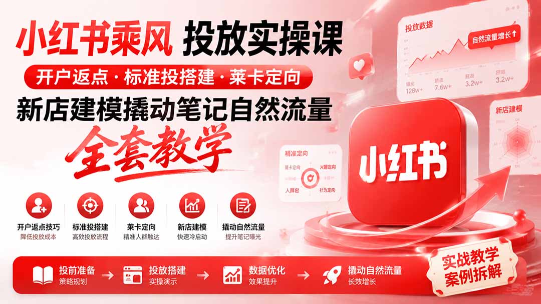 小红书乘风投放-100分钟实操课｜开户返点·标准投搭建·莱卡定向，新店建模撬动笔记自然流量全套教学-资源后花园