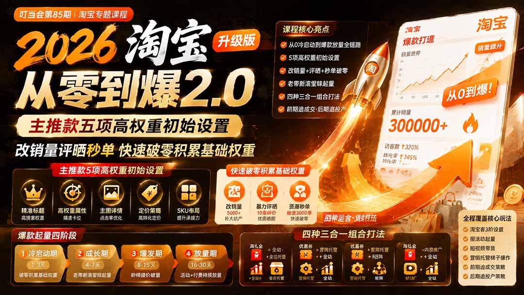 2026淘宝从零到爆2.0第85期；主推款五项高权重初始设置，改销量评晒秒单快速破零积累基础权重-资源后花园
