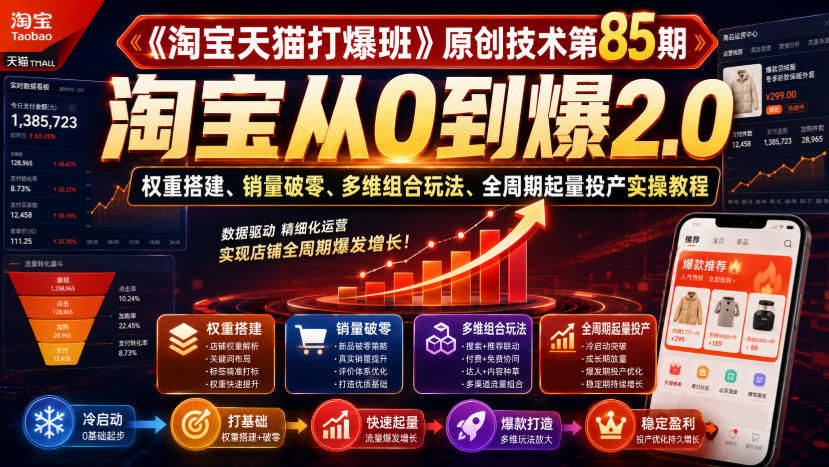 《淘宝天猫打爆班》原创技术第85期，淘宝从0到爆2.0，权重搭建、销量破零、多维组合玩法、全周期起量投产实操教程-资源后花园