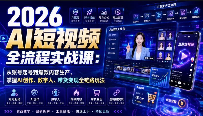 2026 AI短视频全流程实战课：从账号起号到爆款内容生产，掌握AI创作、数字人、带货变现全链路玩法-资源后花园