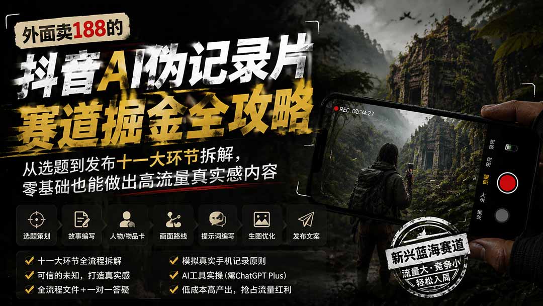 外面卖188的抖音AI伪记录片赛道掘金全攻略；从选题到发布十一大环节拆解，零基础也能做出高流量真实感内容-资源后花园