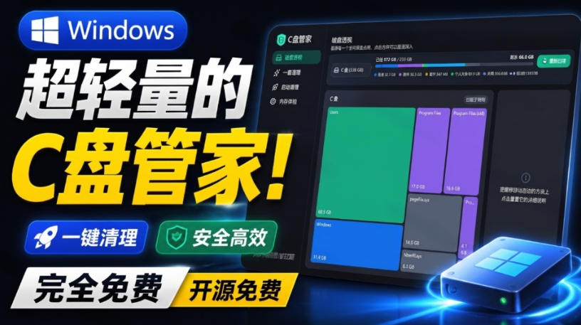 Windows超轻量的C盘管家！超级有特点，支持磁盘分析及清理提醒，2M大小体积，完全免费C盘管家-资源后花园