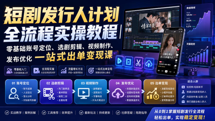 短剧发行人计划全流程实操教程｜零基础账号定位、选剧剪辑、视频制作、发布优化一站式出单变现课​-资源后花园