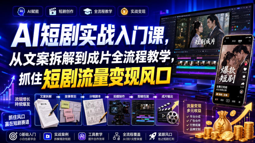 AI短剧实战入门课，从文案拆解到成片全流程教学，抓住短剧流量变现风口-资源后花园