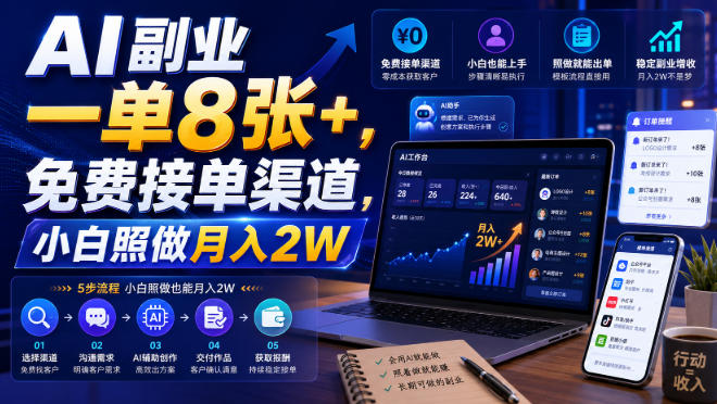 AI副业一单8张+，免费接单渠道，小白照做月入2W【揭秘】-资源后花园