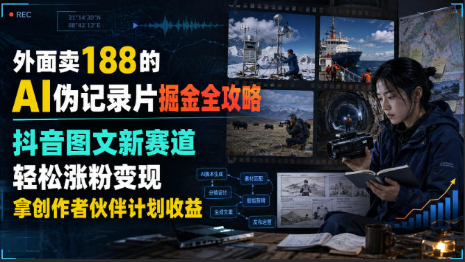 外面卖188的AI伪记录片掘金全攻略，抖音图文新赛道，轻松涨粉变现，拿创作者伙伴计划收益【文档】-资源后花园