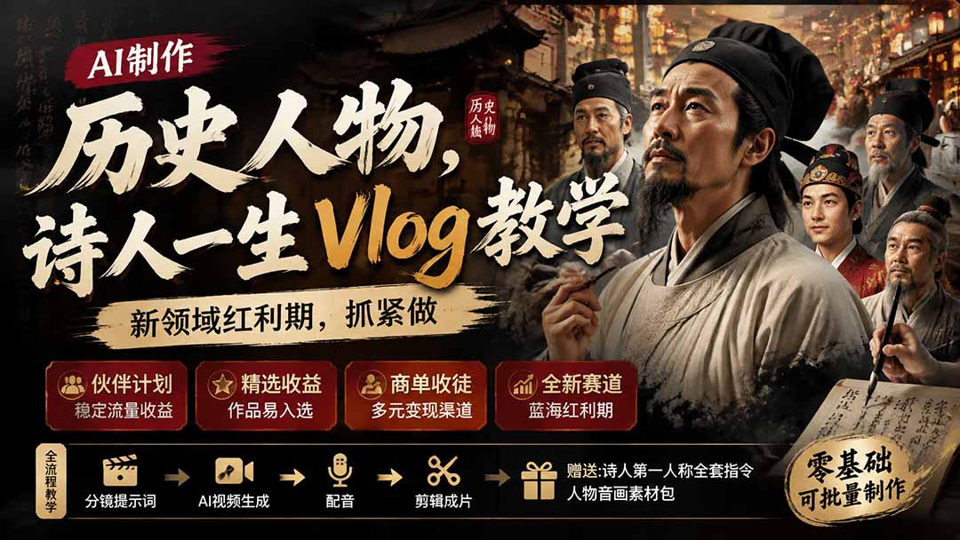 历史人物，诗人一生Vlog教学， AI制作丨伙伴计划丨精选收益丨商单收徒 ，新领域红利期，抓紧做-资源后花园