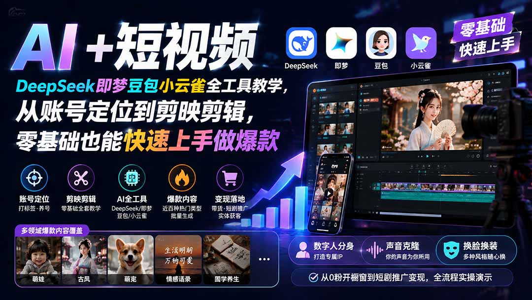 AI+短视频｜DeepSeek即梦豆包小云雀全工具教学，从账号定位到剪映剪辑，零基础也能快速上手做爆款-资源后花园
