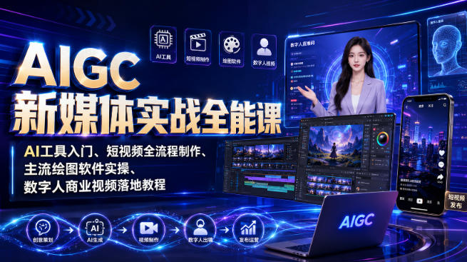 AIGC新媒体实战全能课｜AI工具入门、短视频全流程制作、主流绘图软件实操、数字人商业视频落地教程-资源后花园