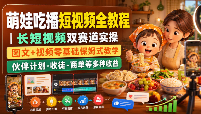 萌娃吃播短视频全教程｜长短视频双赛道实操，图文+视频零基础保姆式教学，伙伴计划-收徒-商单等多种变现方式-资源后花园