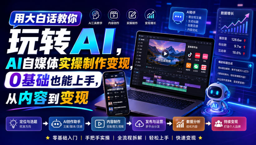 用大白话教你玩转AI，AI自媒体实操制作变现，0基础也能上手，从内容到变现-资源后花园