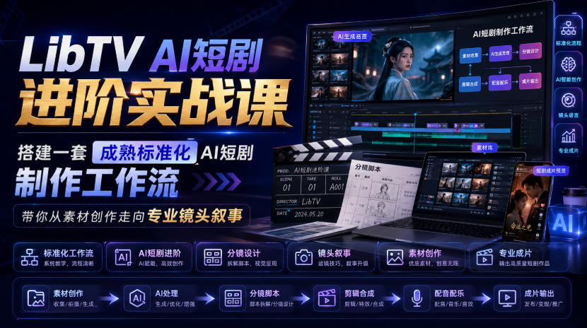 LibTV AI短剧进阶实战课，搭建一套成熟标准化AI短剧制作工作流，带你从素材创作走向专业镜头叙事-资源后花园