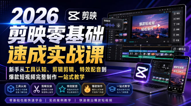 2026剪映零基础速成实战课｜新手从工具认知、剪辑剪辑、特效配音到爆款短视频完整制作一站式教学-资源后花园