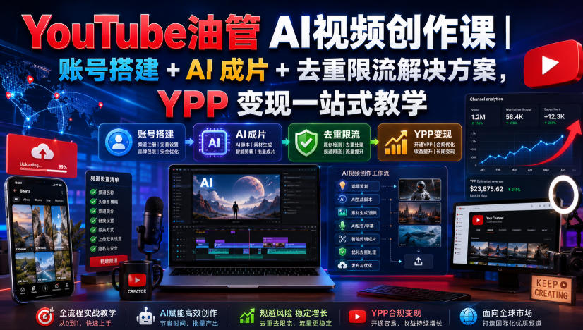 YouTube油管AI视频创作课｜账号搭建+AI成片+去重限流解决方案，YPP变现一站式教学(更新0809)-资源后花园