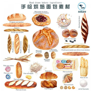 手绘水彩面包烘焙法棍甜甜圈甜点手账卡片PNG免扣图设计素材-资源后花园