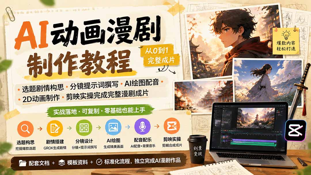 AI动画漫剧制作教程｜选题剧情构思·分镜提示词撰写·AI绘图配音·2D动画制作·剪映实操完成完整漫剧成片-资源后花园