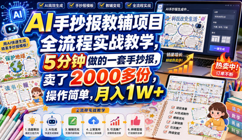 AI手抄报教辅项目全流程实战教学，5分钟做的一套手抄报，卖了2000多份，操作简单，月入1W+-资源后花园