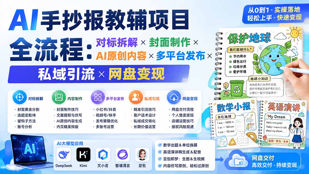 AI手抄报教辅项目全流程：对标拆解×封面制作×AI原创内容×多平台发布×私域引流×网盘变现-资源后花园