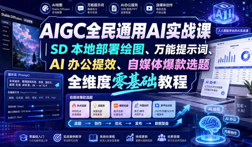 AIGC全民通用AI实战课｜SD本地部署绘图、万能提示词、AI办公提效、自媒体爆款选题全维度零基础教程-资源后花园