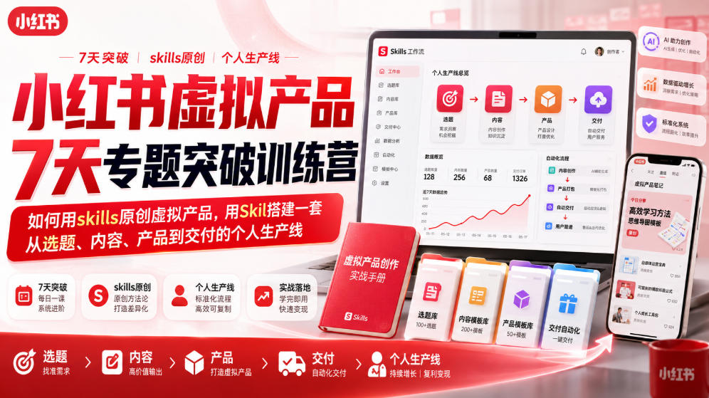 小红书虚拟产品7天专题突破训练营，如何用skills原创虚拟产品，用Skil搭建一套从选题、内容、产品到交付的个人生产线-资源后花园