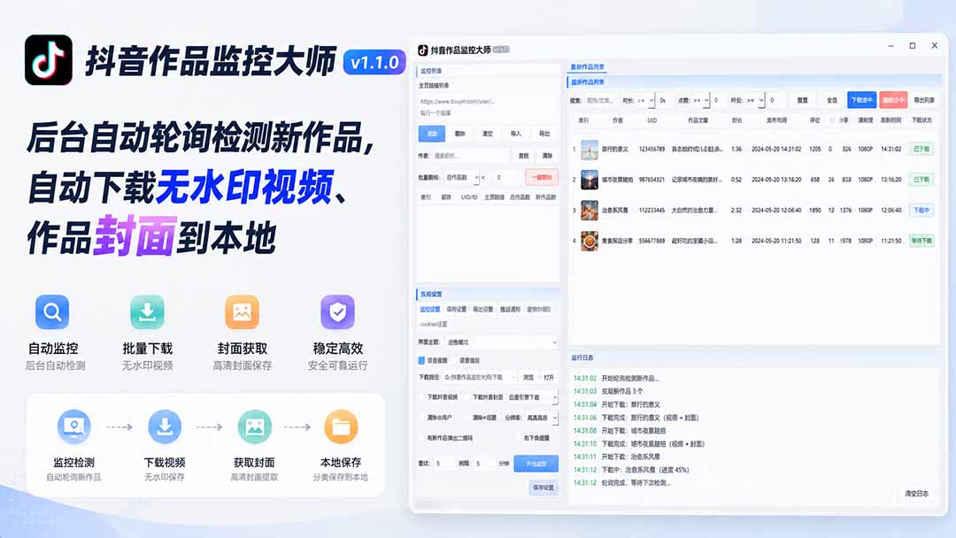 抖音作品监控大师v1.1.0：后台自动轮询检测新作品，自动下载无水印视频、作品封面到本地-资源后花园