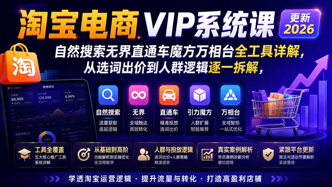 淘宝电商VIP系统课-更新8月；自然搜索无界直通车魔方万相台全工具详解，从选词出价到人群逻辑逐一拆解-资源后花园