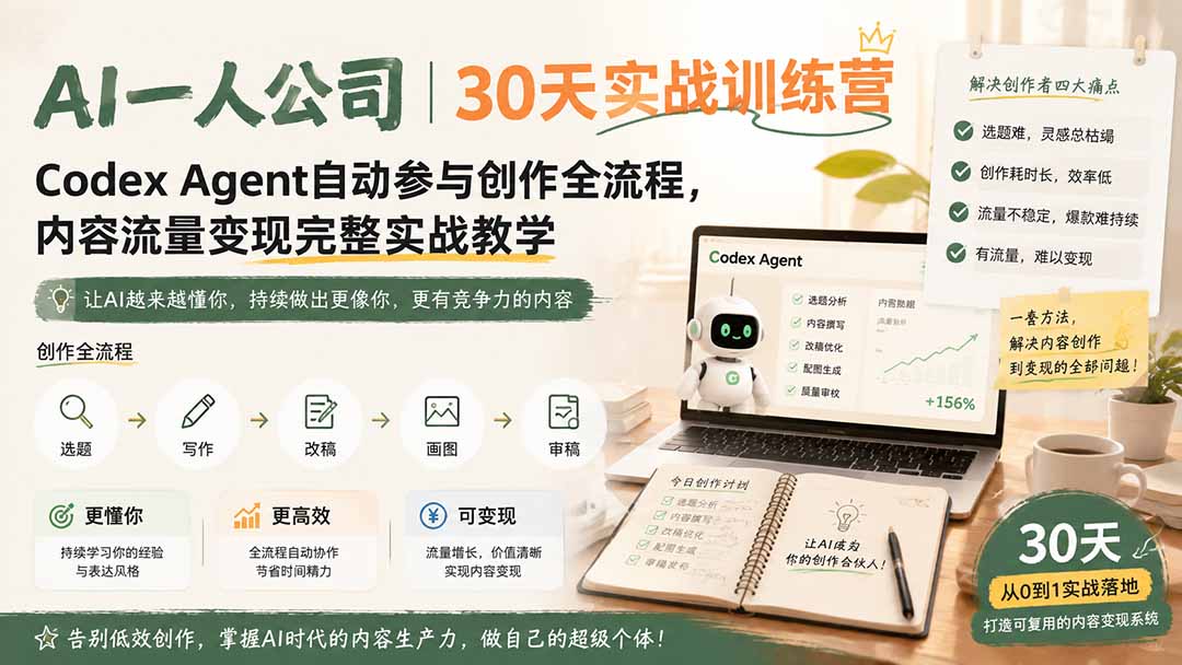 AI一人公司｜30天实战训练营；Codex Agent自动参与创作全流程，内容流量变现完整实战教学-资源后花园