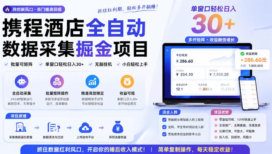 携程酒店采集挂G项目，批量可矩阵，单机轻松日入300+，开启你的睡后收入模式!【揭秘】-资源后花园