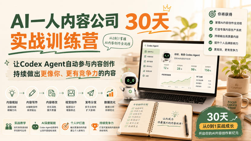 AI一人内容公司30天实战训练营，让Codex Agent自动参与内容创作持续做出更像你、更有竞争力的内容-资源后花园