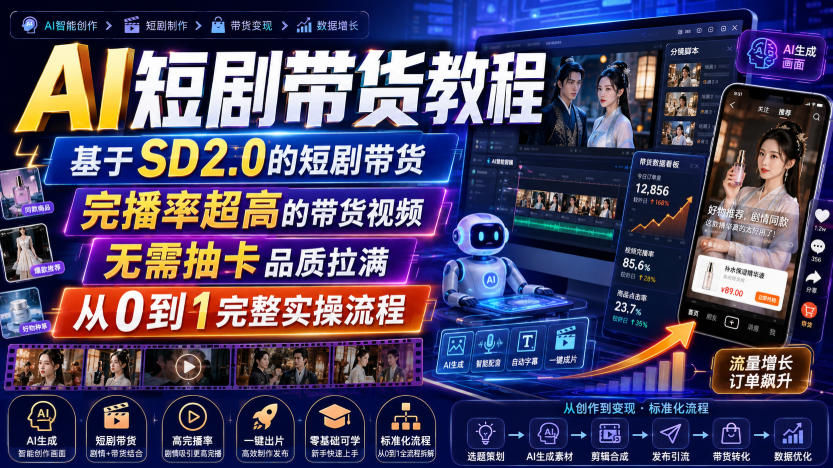 AI短剧带货教程，基于SD2.0的短剧带货，完播率超高的带货视频，无需抽卡品质拉满，从0到1完整实操流程-资源后花园