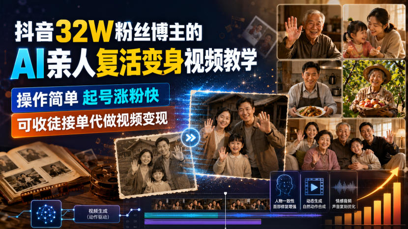 抖音32W粉丝博主的AI亲人复活变身视频教学，操作简单，起号涨粉快，可收徒接单代做视频变现-资源后花园