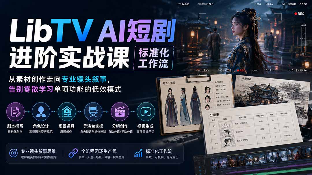 LibTV AI短剧进阶实操课标准化工作流；从素材创作走向专业镜头叙事，告别零散学习单项功能的低效模式-资源后花园