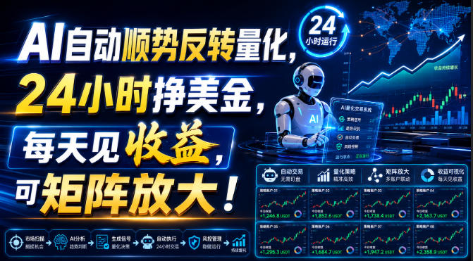 AI自动顺势反转量化，24小时挣美金，每天见收益，可矩阵放大！【揭秘】-资源后花园