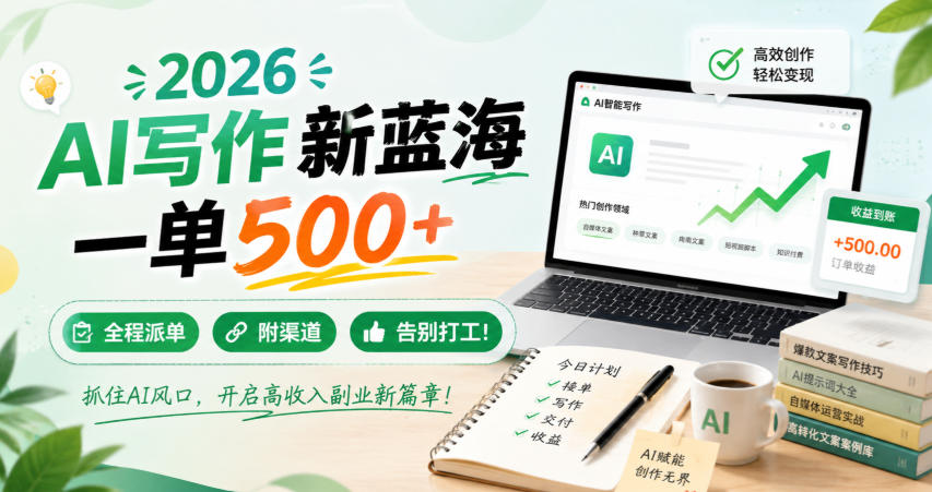 2026 AI写作新蓝海，一单500+，全程派单，附渠道，告别打工！【揭秘】-资源后花园